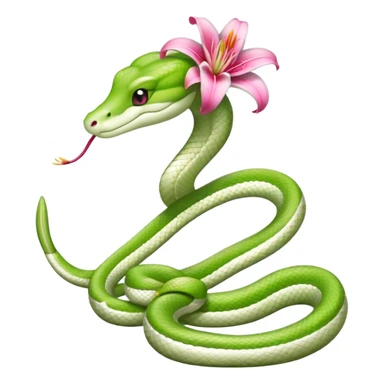 A cute light green and white snake with a pink lily flower on its head. sticker