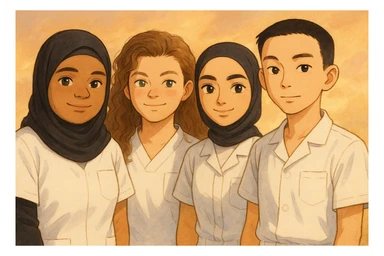 Four nursing students standing side by side in a warm atmosphere, Ghibli style. They wear white short-sleeved uniforms with medical tunic tops featuring V-neck collars and left chest pockets. No undershirts or stethoscopes. Faces and attitudes inspired by the four provided photos, version 4. sticker