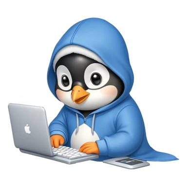 A cute penguin wearing a cozy hoodie typing on a computer keyboard sticker