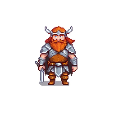 pixel art ginger viking with red beard and armor, running animation frame 3, legs crossing sticker