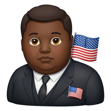 overweight person in dark suit with US flag pin sticker