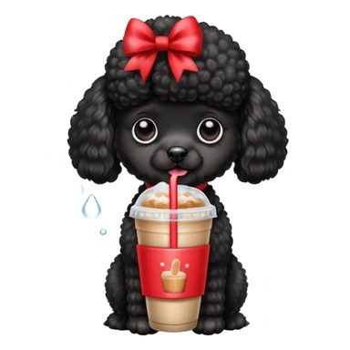 Black poodle dog wearing a bow and holding ice coffee sticker