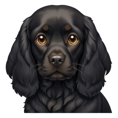 Cinematic Noble Black Cocker Spaniel Portrait Emoji, Poised and regal, with a sturdy build and a sleek, shiny black coat accented by subtle tan markings, deep-set soulful dark eyes, Simplified yet sharp and sophisticated features, highly detailed, glowing with a soft, dignified glow, high shine, intelligent and alert, stylized with an air of refinement, focused and attentive, soft glowing outline, capturing the essence of a watchful and confident companion, so majestic it feels as though it could trot out of the screen with effortless authority! sticker