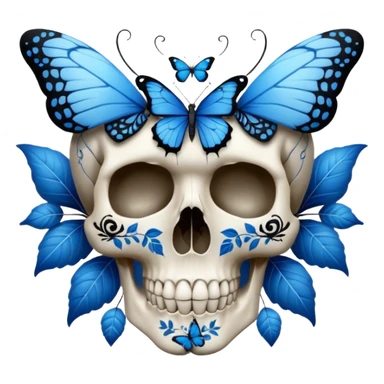 White skull with blue butterflies, leaves, and black intricate patterns sticker