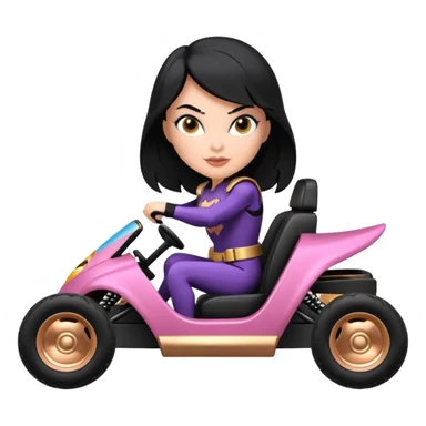 Hot full size real-appearance enclosed electric racing action BatGirl’s feminine midnight-colored tight outfit sixty’s tv show 1992 stealthy retro sporty safe plush petite off-road pursuit cruiser car rose gold accents (black hair,reclined and relaxed torso and shoulder seating position) go kart  sticker