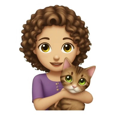 Dark brown curly haired girl with hazel eyes kissing a brown tabby cat with green eyes sticker