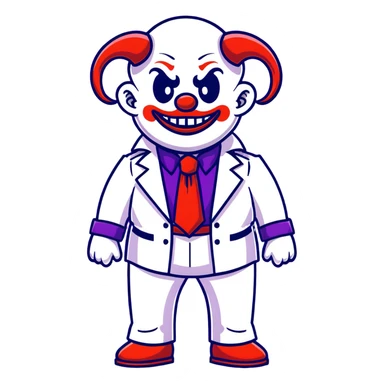 full-body demonic clown in a white leisure suit with bellbottom pants, bald, black ram horns, elevator shoes, flashy belt, ruffled shirt, colorful tie sticker