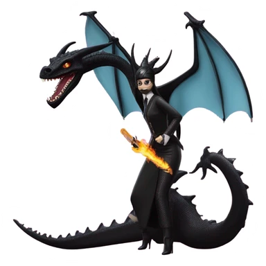 masked, empowered and glamorously dressed, Wednesday Addams Malibu Beach Barbie Jedi flying/riding on the back of a very large black shiny evil-looking fire-spewing horned dragon. proper scale sticker
