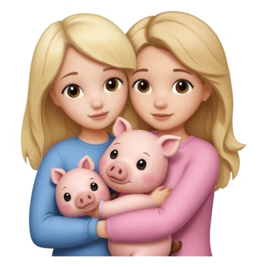 Girlfriends, blonde and brunette, hugging a teddy bear and a little pig sticker