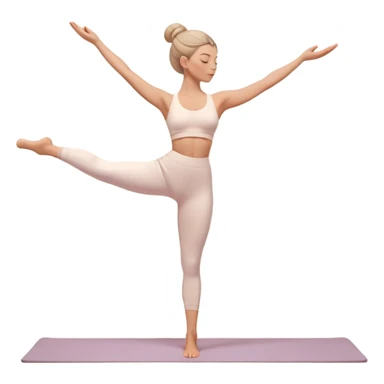A 3D aesthetic emoji-style illustration of a woman doing yoga in a cozy and minimalist design. She is wearing a soft white yoga outfit and is in a graceful standing pose with one leg lifted and arms elegantly extended. Her skin is warm-toned, and her hair is neatly tied in a bun. The color palette is soft and pastel, featuring beige and warm tones for a soothing, relaxing aesthetic. The design should be smooth, high-quality, and visually similar to Apple’s emoji style but with a softer, more aesthetic touch. sticker