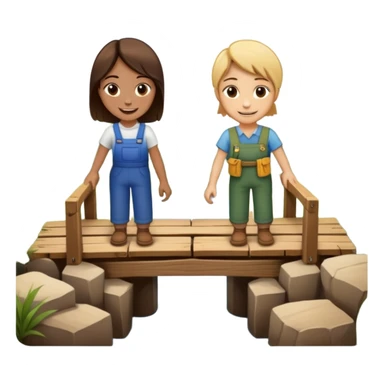 Two people working together on a small bridge, metaphor for building trust sticker