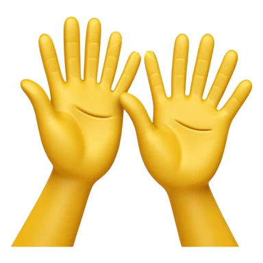 A 3D digital emoji of two yellow cartoon hands doing a joyful high five, palms clapping together in the air, with bright sparkles and motion lines to show excitement and celebration, Apple emoji style sticker