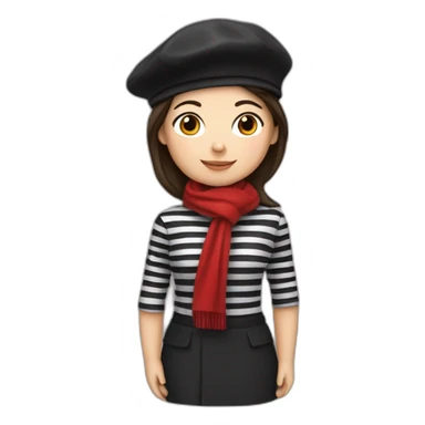 a french brunette girl with a beret, black and white striped clothes, a red scarf and a baguette on his back. sticker