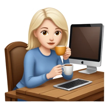 mujer blanca tomando cafe y con un computador sentada en una mesa  sticker