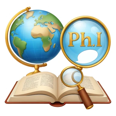 An icon featuring an open book, a speech bubble, and a magnifying glass, symbolizing philology and linguistics. The design includes language symbols, a globe, and alphabet letters, representing the study of languages and their structures. Transparent background  sticker