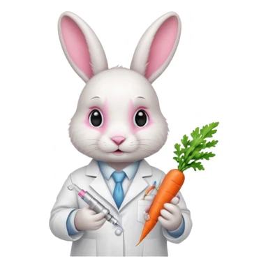 ​​White bunny in lab coat holding carrot syringe.







 sticker