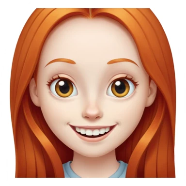 traditional emoji of young girl with very pale skin, long straight bright ginger red hair, very big wide human eyes, wide nose, big smile with extremely large prominent teeth showing, classic round face sticker