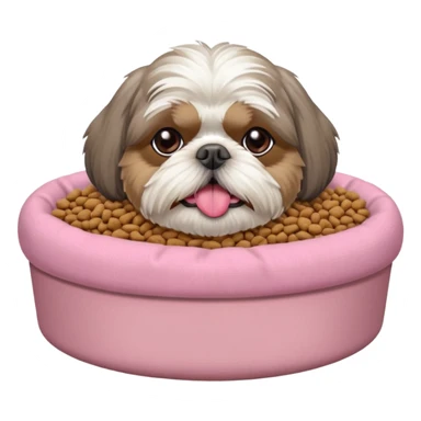 old ALL grey shih tzu in pink dog bed tongue hanging out near bowl of food sticker
