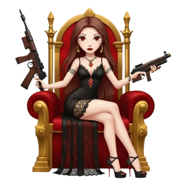 Lilith female red eyes symbol. Tattoo arms. Her hair is brown straight long hair.wearing sexy long  lace dress with slit. black stiletto platform high heels shoes on. Sitting on gold throne with rubies sniper rifle in one hand cash in other hand sticker