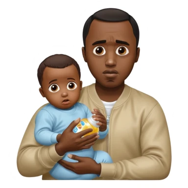 Sean “Diddy” Combs with baby oil and a very small infant and he’s pouring the baby oil on the baby and they have a scared face they’re really scared sticker