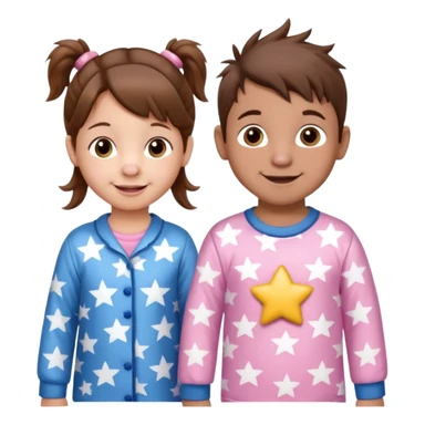A toddler girl with brown hair with two pig tails, wearing pink pajamas with white stars on them. With a 4 year old boy with spikey brown hair, wearing blue pajamas with white stars on them. Both light skin and smiling. sticker