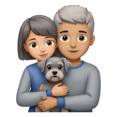 a boy and a shorthair girl hug a grey Schnauzer sticker