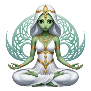 a Reptilian alien woman,in meditation, white dress like a priestess sticker