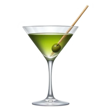 martini glass with absolutely clear water-like liquid, no color tint whatsoever, completely transparent, with a single green olive at the bottom on a wooden toothpick sticker