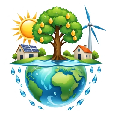 An icon featuring a green Earth, a tree, recycling symbols, and renewable energy sources like wind turbines, solar panels, and hydropower. The design includes animals, water droplets, and the sun, representing ecology, sustainable energy, and environmental protection. Transparent background. sticker