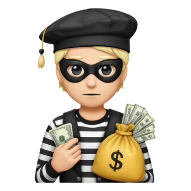 Realistic ios emoji-style portrait of a classic burglar, a black eye mask and a black-and-white striped shirt. emoji-like hair, black hat, a bag of money 💰 with a dollar sign in a right corner, evil expression  sticker