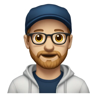 a white dude with blue eyes a brown beard and sideburns and thin frame glasses wearing a black newsboy hat a navy blue pull over hoodie and dark blue t shirt sticker
