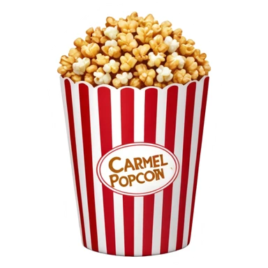 large package of caramel popcorn, red and white vertically striped package with thick stripes, golden brown caramel popcorn visible at the top, no text or labels on package, only stripe pattern, authentic Apple emoji style with glossy finish, prominent package size sticker