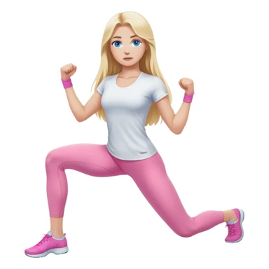 A cinematically realistic blonde with long hair and blue eyes, dressed in a white top and pink leggings, does a sports exercise called lunges sticker