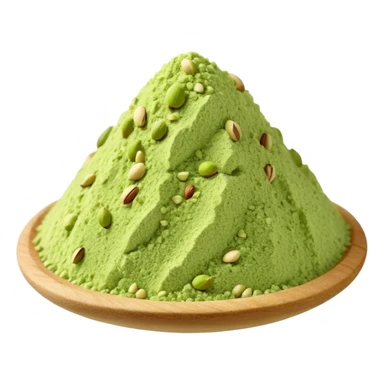 small mound of finely ground pistachio powder, soft crumbly texture, rich green color with pale beige flecks, irregular surface, natural grain, slightly matte finish, soft lighting, subtle shadows, emoji scale sticker