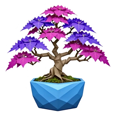 Futuristic wild alien maples Bonsai hair-fine-leaf group crimson crystal azalea purple and cream blue forest planting in shallow origami style pot  sticker