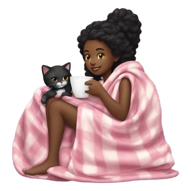 black girl with long curly hair wrapped in a pink blanket with some leg out sipping hot chocolate with a black and white cat sticker