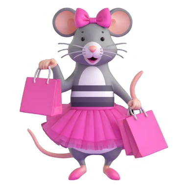 rat with a pink dress and tutu holding a black and white striped shopping bag sticker