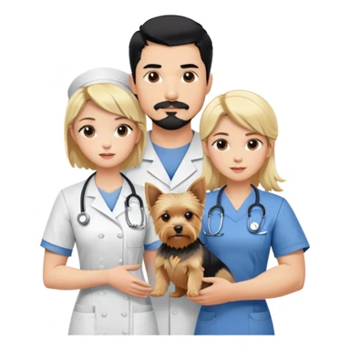 A blonde white nurse stands beside a handsome, muscular Korean man with black hair styled in a sharp point, a full goatee, and a blonde Yorkshire Terrier in his arms sticker