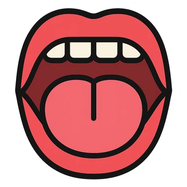 Schematic open mouth with visible tongue, symbolizing speech articulation and sound practice. Vector style, clean and sharp lines. Include realistic shadows and light reflections for depth. Minimalistic, educational design. Transparent background. High contrast between tongue, teeth, and lips for clarity. Flat illustration with soft shading, suitable for speech therapy materials sticker