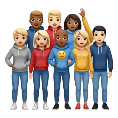 winners’ podium with multi-racial people, no numbers, fun casual clothes like jeans and hoodies, very excited, fun, expressive emoji style sticker