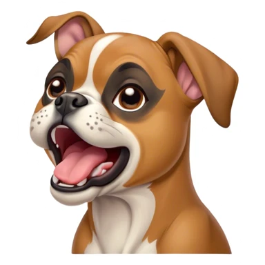 Cinematic Cute Yawning Fawn Boxer Dog Portrait Emoji, Head tilted slightly with a dramatic, wide-open yawn, showcasing a short fawn coat with a crisp white muzzle and chest, floppy ears slightly drooping, round brown eyes barely open in drowsy contentment, Simplified yet irresistibly adorable features, highly detailed, glowing with a soft, cozy glow, high shine, relaxed yet expressive, stylized with a touch of whimsy, bright and endearing, soft glowing outline, capturing the essence of a sleepy yet affectionate guardian, so drowsy it feels like it could stretch right out of the screen and curl up for a nap! sticker