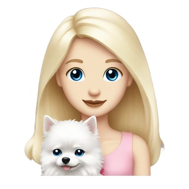 Blond girl white skin blue eyes hugging white Pomeranian with light pink bow sticker