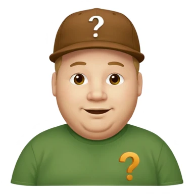 fat man with brown cap and green t shirt printeed a question mark sticker