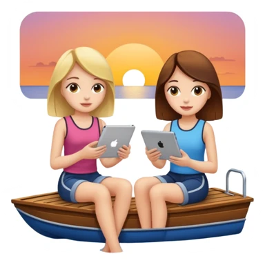 Girls sitting on pontoon boat watching iPad at sunset sticker