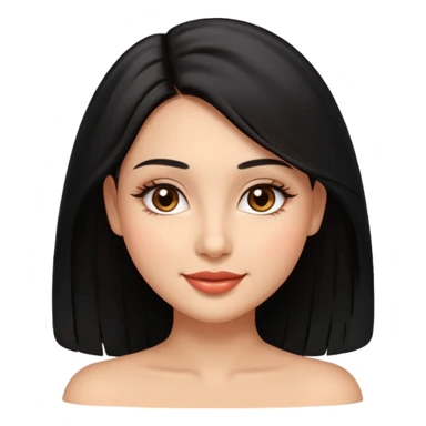 Feminine woman Softly rounded, healthy face — slightly curvy and feminine, not overweight.
Warm tan skin, brown eyes with long lashes, full glossy lips, gentle smile.
Shoulder-length black hair framing the face.
Clean, polished emoji look, soft shading, neutral background. sticker