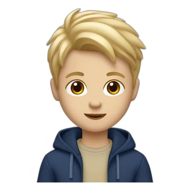 Jongen met asymmetrisch blond haar, donkerblauwe hoodie, beige cargo broek. sticker