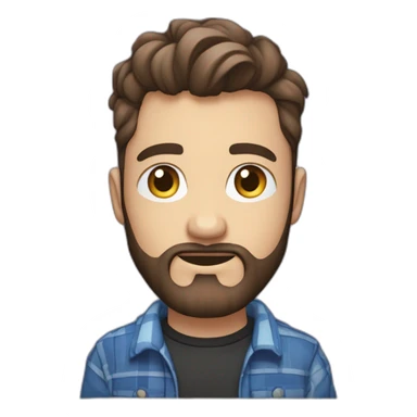 Un homme jeune, à la peau blanche, avec des cheveux bruns courts et une barbe légère, portant une chemise à carreaux bleus et noirs sur un t-shirt blanc, sur un fond dégradé violet. sticker