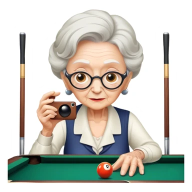Old lady taking photo of billiards sticker