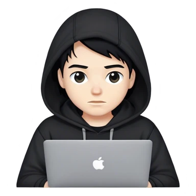 hackeur blanc cheveux noir et capuche noir avec un macbook sticker