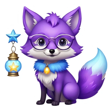 Laughing with tears of joy 😂 — a small magical fox with shimmering purple and blue fur, a glowing fluffy tail, a silver star on its forehead, round glasses, and a tiny lantern. sticker